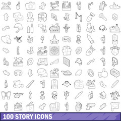 100 story icons set, outline style