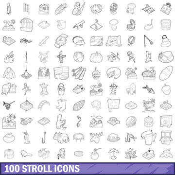 100 stroll icons set, outline style