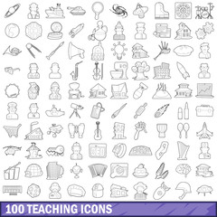 100 teaching icons set, outline style