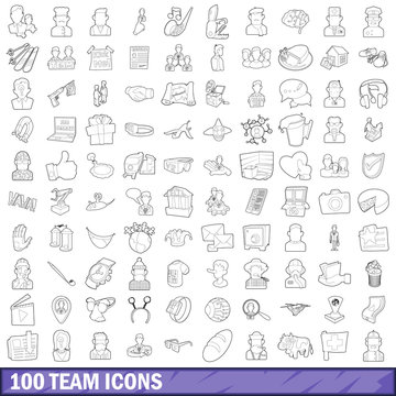 100 team icons set, outline style
