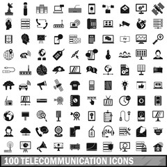 100 telecommunication icons set, simple style 