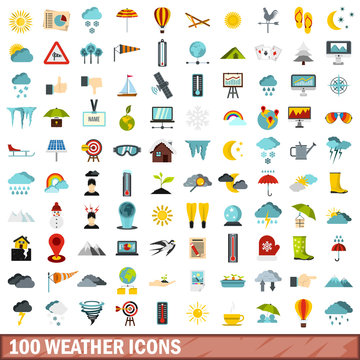 100 weather icons set, flat style