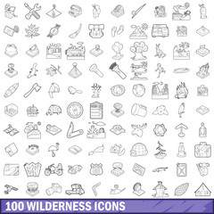 100 wilderness icons set, outline style