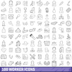 100 worker icons set, outline style