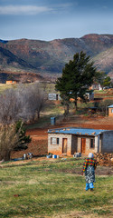  in lesotho  street village near  mountain