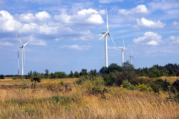 Clean Wind Power Generators at the field with blue sky and white clouds on the background
