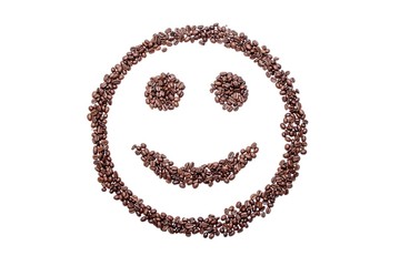 Cheerful smiley from coffee beans, isolated on white background