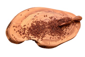 Gray rice on an olive board with a wooden scoop isolated on a white background