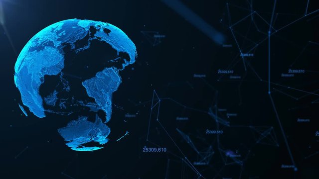 Sphere, globe and space in the form of a plexus. Abstract geometric background with moving lines, dots and triangles. Plexus fantasy abstract technology. Loop animations