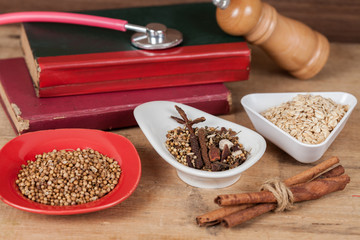 herbs, or spices added to food to enhance the flavor and health medicine.