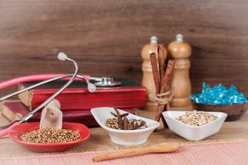 herbs, or spices added to food to enhance the flavor and health medicine.