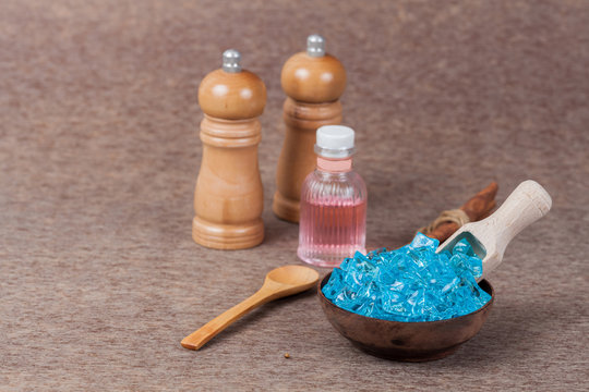 blue camphor herb in wood cup,use for health spa