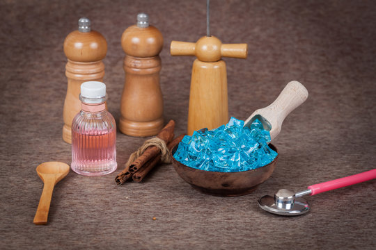 blue camphor herb in wood cup,use for health spa
