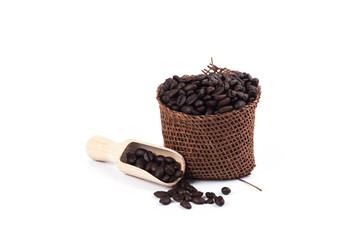 coffee bean in brown sack on white