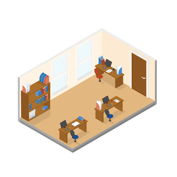 Vector isometric low poly office room with three workplace
