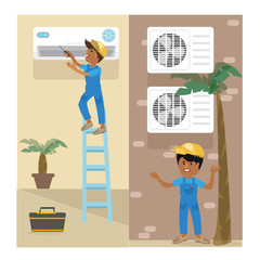 A vector flat picture specialists work with equipment. Installation or repair of air conditioner