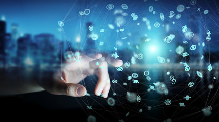 Businessman using flying network connection interface 3D rendering