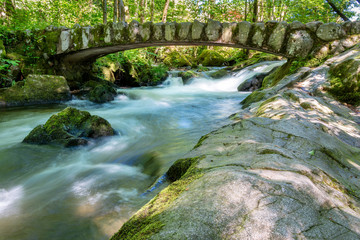 French countryside - Vosges. Waterfall in the Vosges with a stone bridge in the forest.