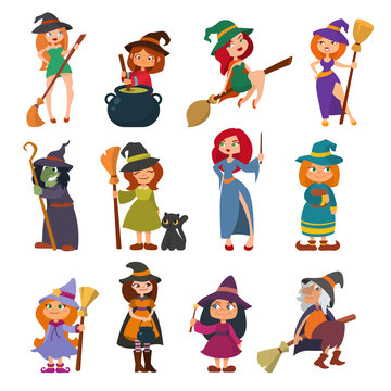 Cute little witch hag harridan vixen with broom cartoon magic Halloween young girls character costume hat vector illustration.