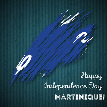 Martinique Independence Day Patriotic Design. Expressive Brush Stroke in National Flag Colors on dark striped background. Happy Independence Day Martinique Vector Greeting Card.