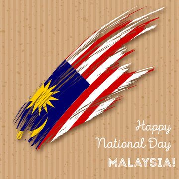 Malaysia Independence Day Patriotic Design. Expressive Brush Stroke in National Flag Colors on kraft paper background. Happy Independence Day Malaysia Vector Greeting Card.