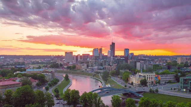 Vilnius, Lithuania - circa June, 2017: Sunset in downtown Vilnius, time-lapse