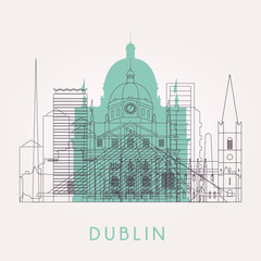 Obraz premium Nakreśl panoramę Dublina z punktami orientacyjnymi. Ilustracji wektorowych.