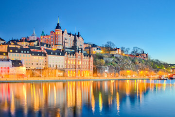 Cityscape of Stockholm city at night in Sweden