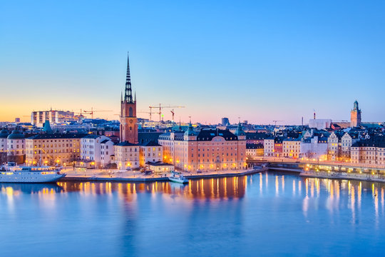 Cityscape of Stockholm city at night in Sweden
