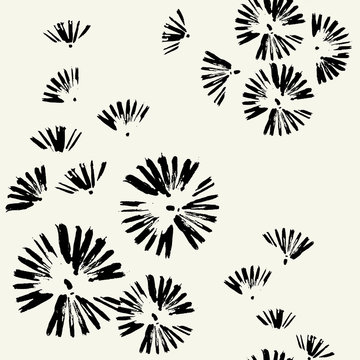 Seamless pattern with brush strokes. Seamless pattern with black doodle circles randomly distributed . Flowers, dandelions, fireworks.