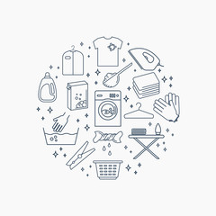 Collection of laundry icons. Set of housework outline icons. Round composition