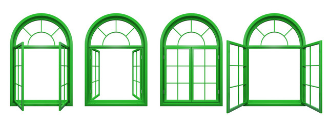 Collection of green arched windows isolated on white