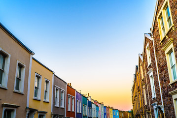 Colourful houses in Clifton village in Bristol at sunrise