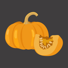 Pumpkin with slice flat design, vector illustration.