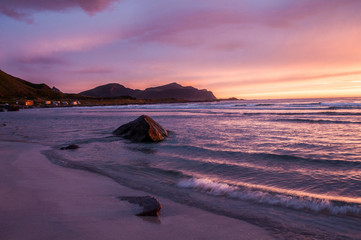 Sunset with sandy beach - Lofoten, Norway.