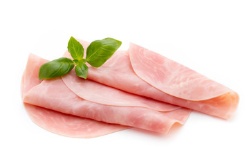 Thin slices of ham on white background.