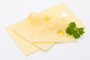 Cheese slices on white background cutout.