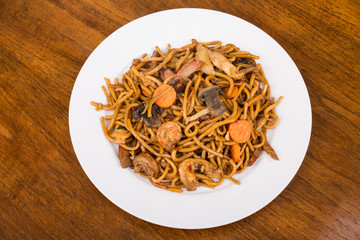 Plate of Lo Mein with Vegetables and Shrimp