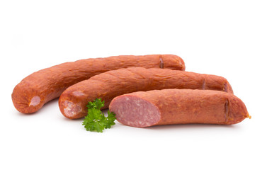 Smoked sausage on a white background.