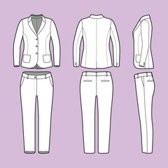 Womens clothing set. Blank template of classic blazer and pants in front, back and side views. Casual style. Workwear suit. Vector illustration for your fashion design. - 160163810