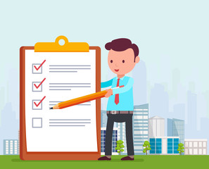 Businessman is holding pencil and notes list  tasks on backgroun