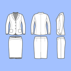 Womens clothing set. Blank template of classic blazer and pencil skirt in front, back and side views. Casual style. Workwear suit. Vector illustration for your fashion design.