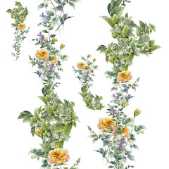 Watercolor painting of leaf and flowers, seamless pattern on white background