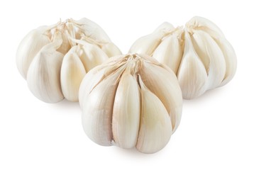 Obraz na płótnie Canvas Three Garlic Bulbs and Garlic Cloves on White Background
