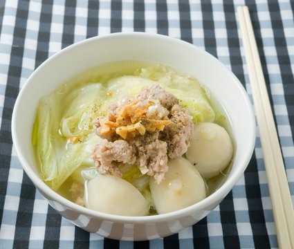 Traditional Chinese Cabbage Soup with Minced Pork and Meat Ball