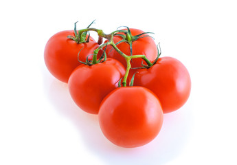 Five tomatoes on a branch isolated on a white background