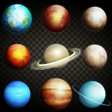 Planets of the solar system isolated on a transparent background. Set of realistic planets vector illustration