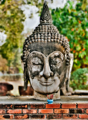 Buddha head with offerings at Wat Phutthaisawan temple in Ayutthaya Historical Park