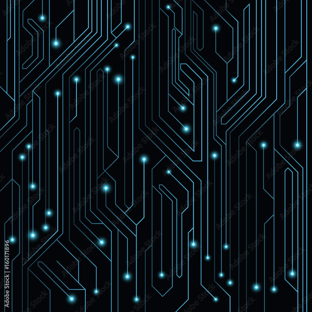 Poster high-tech background of blue color from a computer board with leds and luminous neon connectors. com