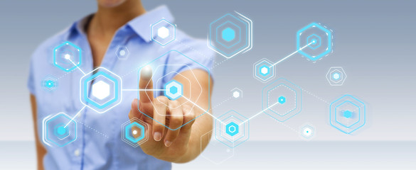 Businesswoman using digital screens with holograms datas 3D rendering